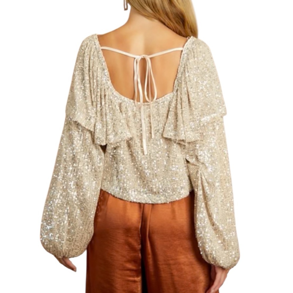 Free People Silver Sequin Long Sleeve Top - Picture 2 of 9